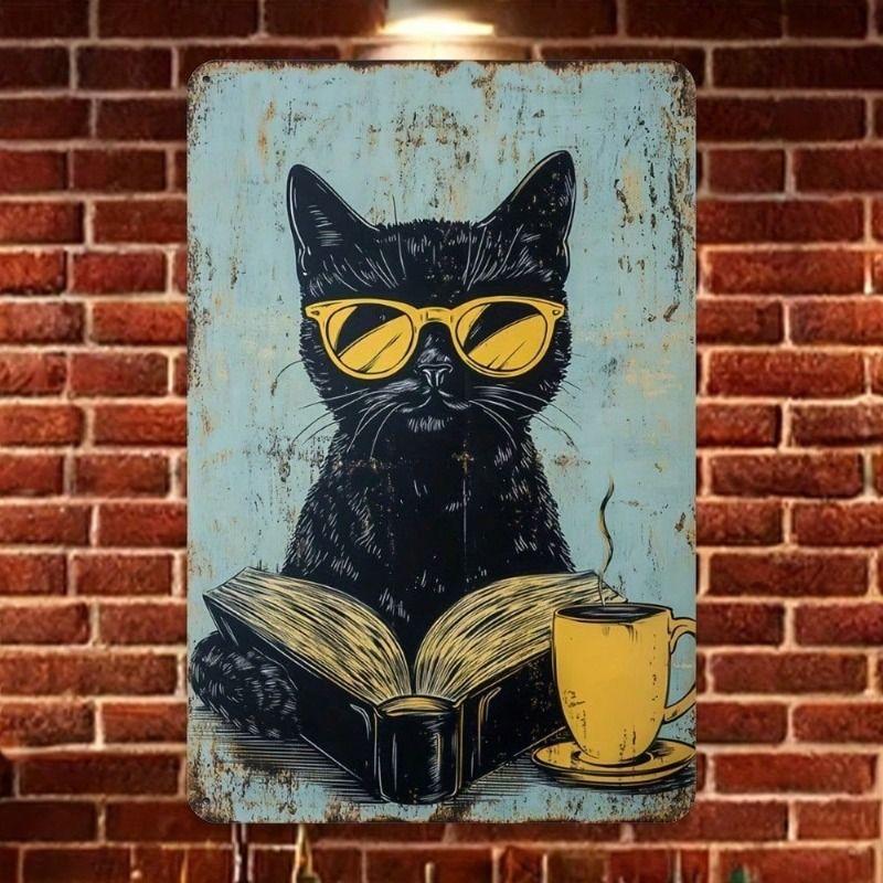 Vintage Cat with Glasses Book Metal Poster Wall Art for Home Cafe Bar Garage