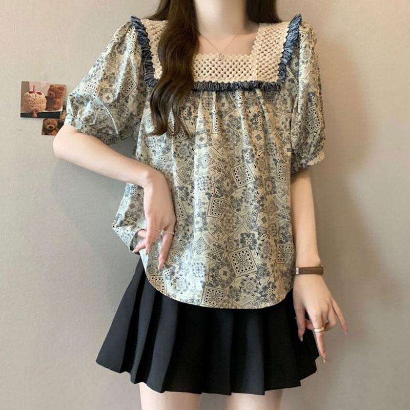 Retro Floral Lace Square Collar Short-sleeved Shirt for Women's Summer Doll Shirt Top