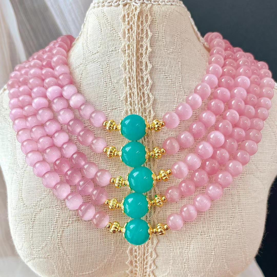 

Vintage Natural Tianhe Stone Artificial Pink Opal Collarbone Chain Necklace Neck Chain