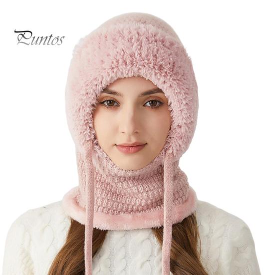 Women Winter Hat with Integrated Scarf Cold-proof Front Cover Thick Knitted Warm Solid Color Full Protection Outdoor Cycling Travel Cold Weather Cap
