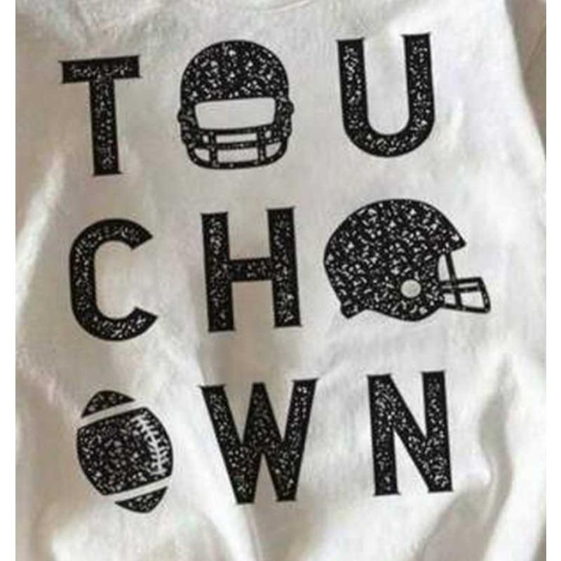 Kids Crewneck Short Sleeve Tee, White Black Touchdown Football Numbered Helmets Print