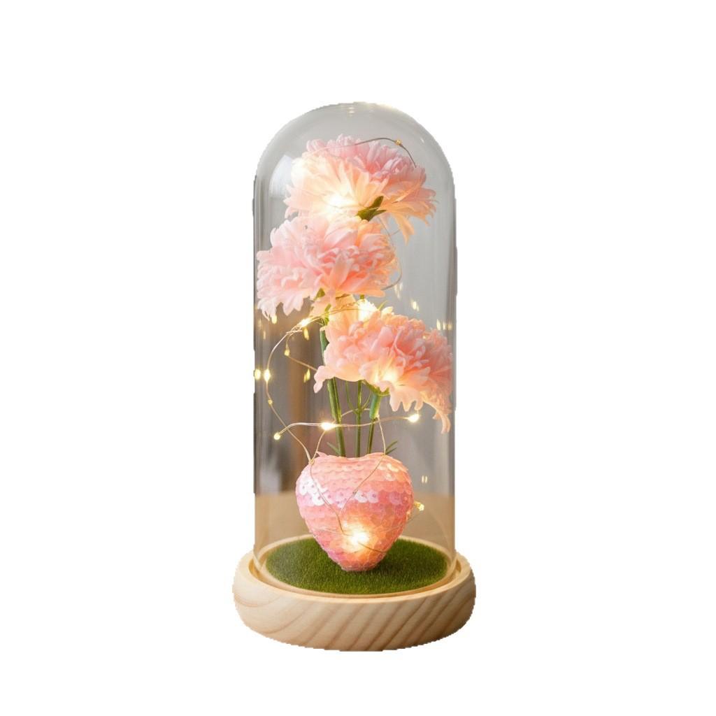 Simulation Carnation Soap Flower Eternal Flower Glass Cover Mother's Day Gift for Mom Valentine's Day Gift Teachers' Day