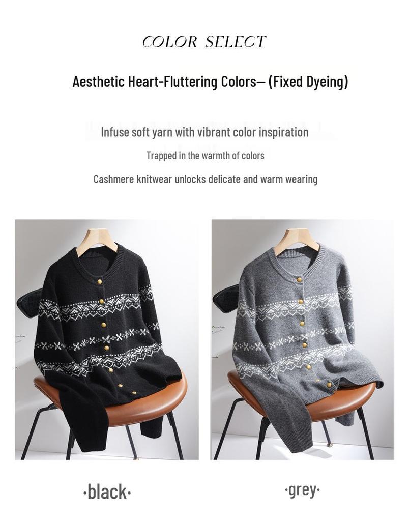 Women's Cashmere Retro Jacquard Cardigan: Loose Fit, Round Neck, Long Sleeve Sweater for Autumn/Winter.