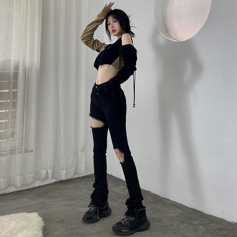 

Готические прямые ноги Джинсовые брюки для женщин Черная уличная одежда Zip Up High Waisttorn Джинсы с дырами Хип-хоп Корейские женские гаремные брюки