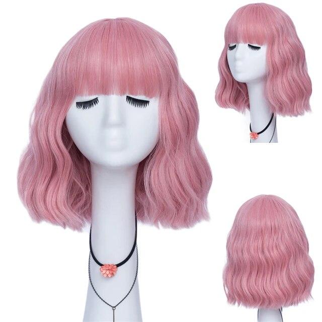 Kurze lockige blaue Bobo-Synthetik-Cosplay-Perücken für Frauen, Orange, Rot, Grün, natürliches hitzebeständiges Haar mit Pony für Mädchen