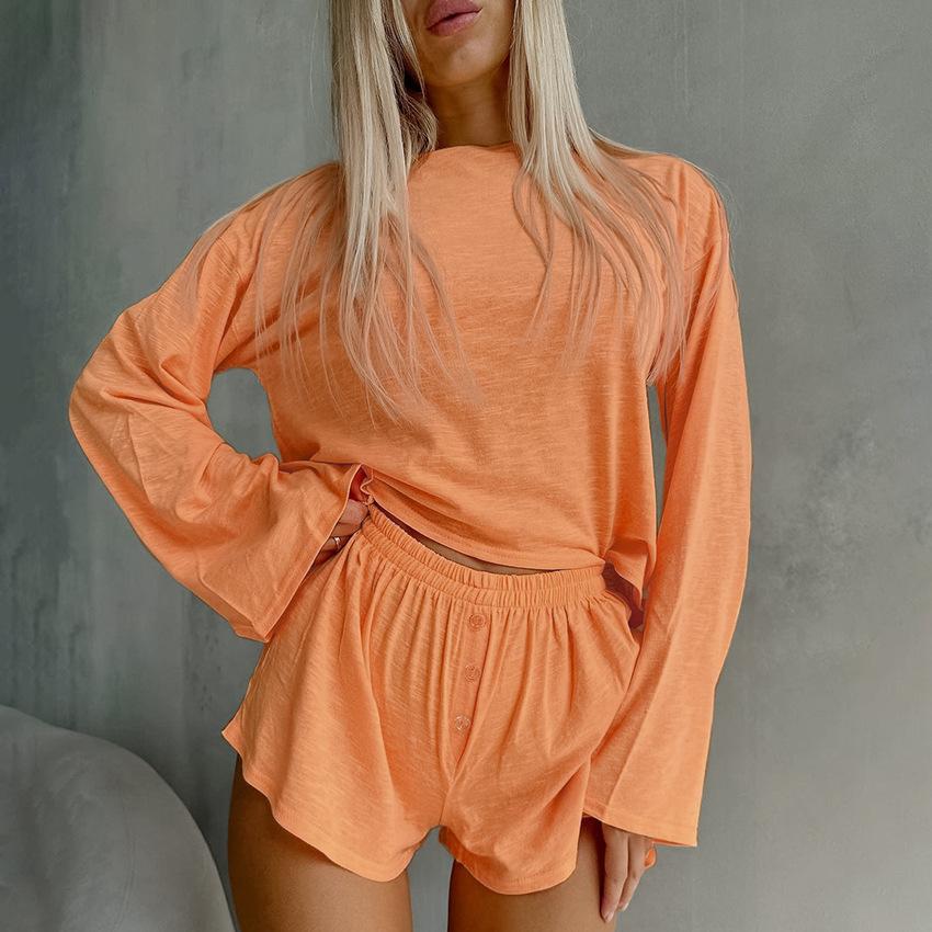 Einfaches Damen-Pyjama-Set - Unifarben - Langarm - Kurze Hose - Locker und Bequem - Lässiger Stil - Hauskleidung