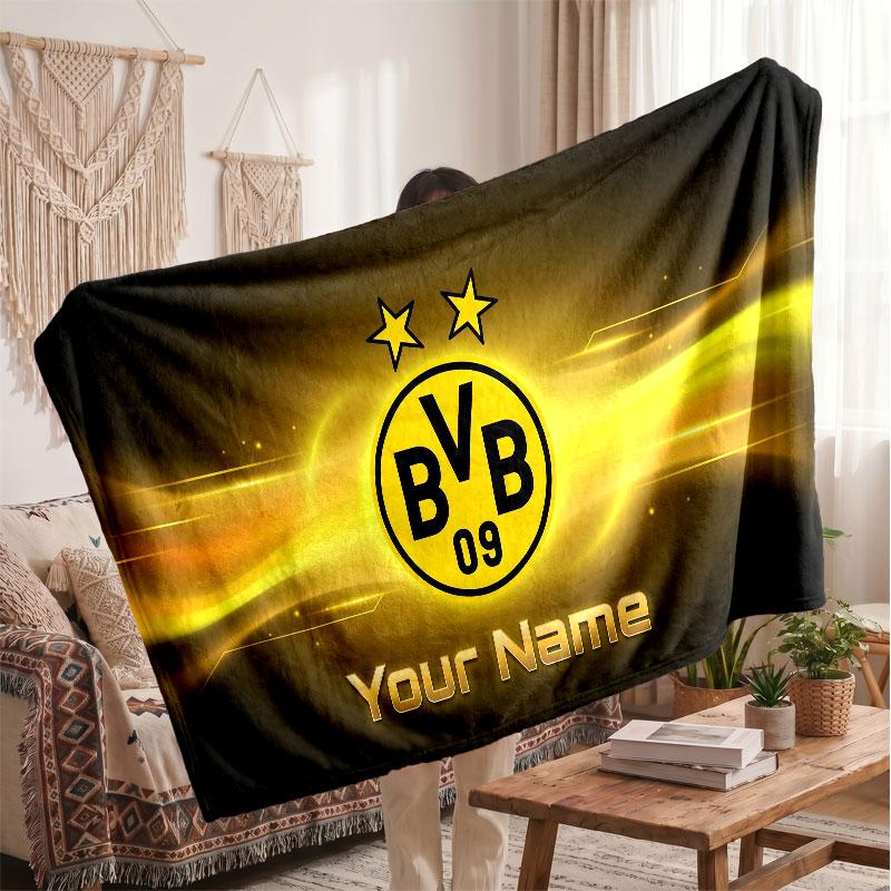 Borussia Dortmund Personalisierte Fleecedecke Mit Fußballlogo, Individueller Name Text Weiche Warme Wohndecke