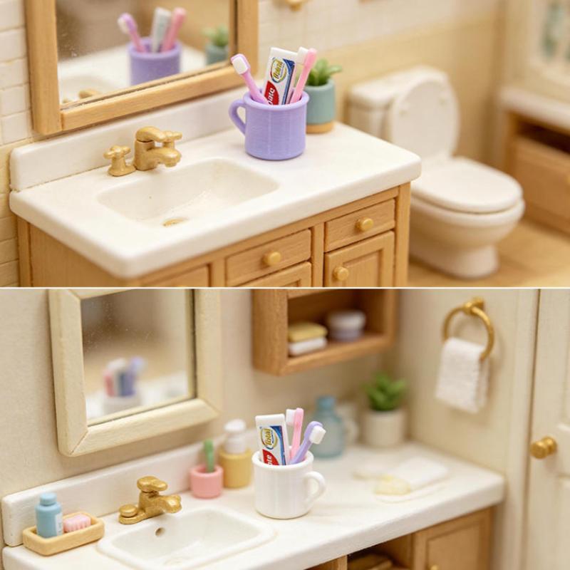 1 Set Doll House Furniture Accessories Toy 1/12 Dollhouse Miniature Mini Cup Toothpaste Toothbrush