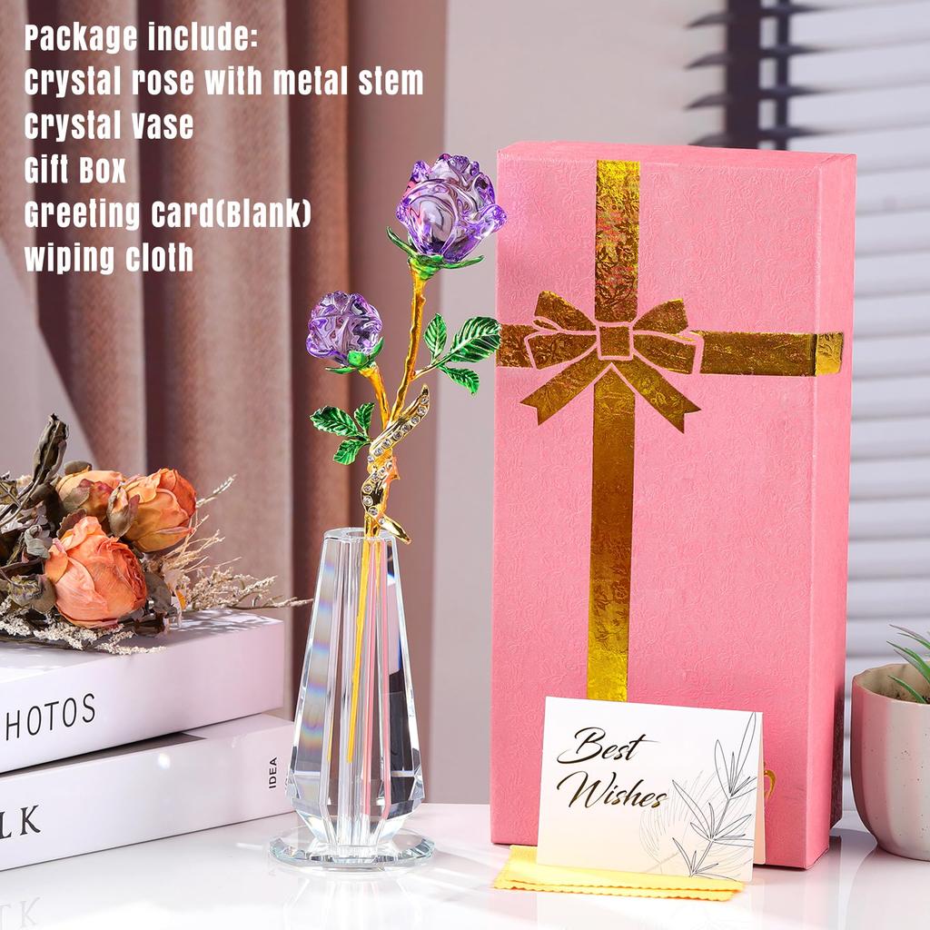 K9 Crystal Purple Rose Figurine for Purple Rose In a Romantic or Day Gift for Her or Friends Women, Never-Withering Vase, Birthday, Valentine's Day,