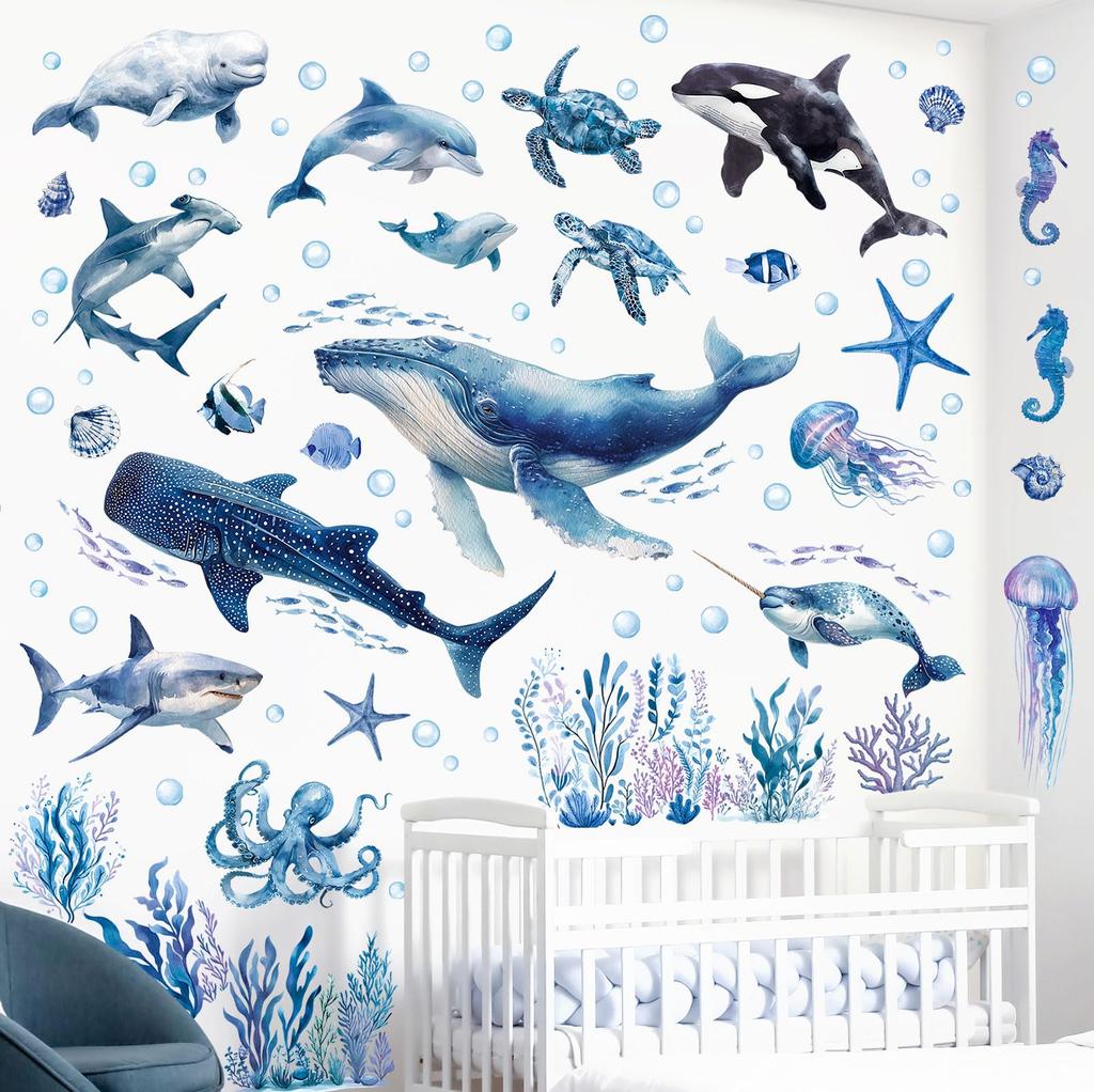 Decowall Sea Animal Wall Watercolor and Dolphin Design for and Removable Wall Decorations for Educational and Toddlers Stickers, Whale, Shark, Kids'