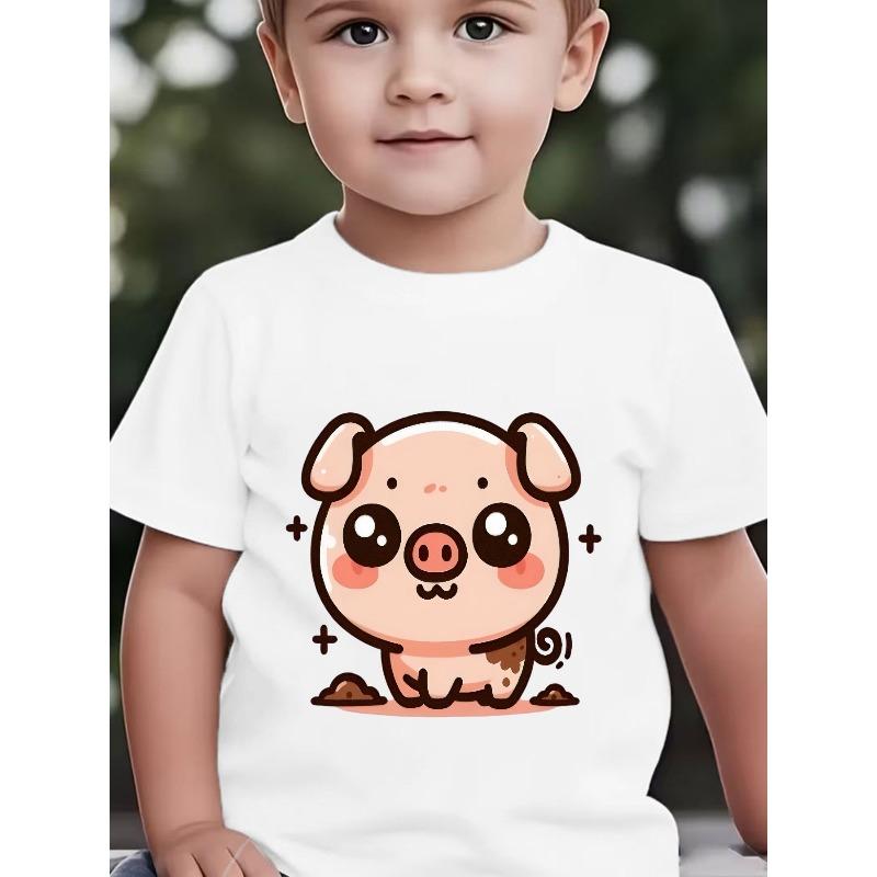 Boys Light Pink Brown Spotted Cartoon Pig Print Crewneck Summer Short Sleeve Tee 110 белый