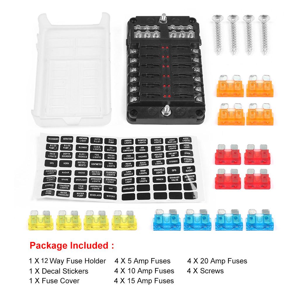 6-drożny lub 12-drożny blok bezpieczników samochodowych i łodziowych, uchwyt na diodę LED, 12 V 32 V, wodoodporna płyta rozdzielcza zasilania do samochodów i łodzi