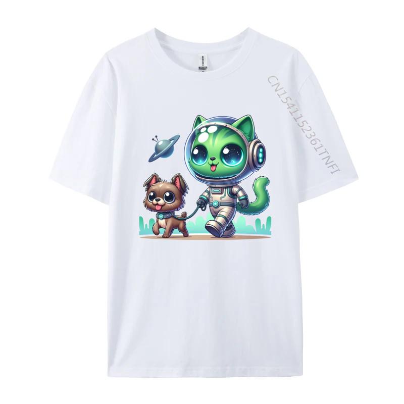 

Clothing Alien Cat Taking The Dog Tshirts Funny Astronaut Cat TShirt Europe T Shirt for Men Humorous Gifts S
