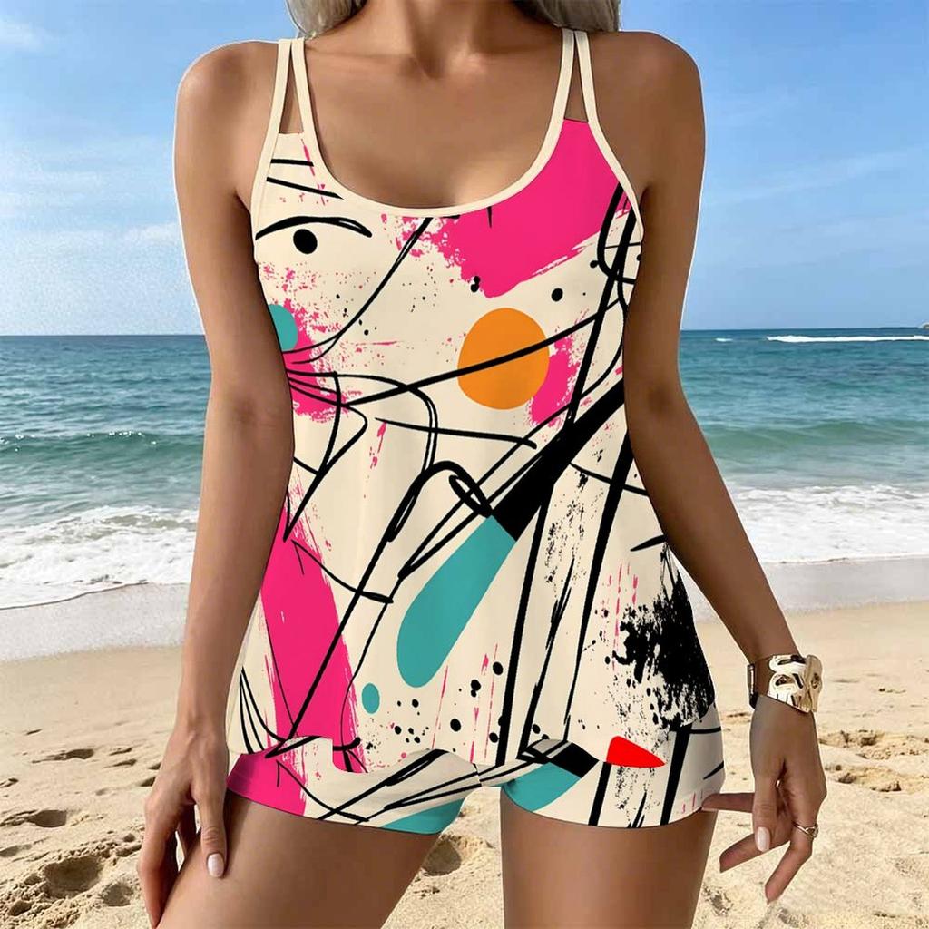 Women's Swimwear Tankini 2 Piece Swimsuit Line Vortex Pattern Vacation Bathing Suits
