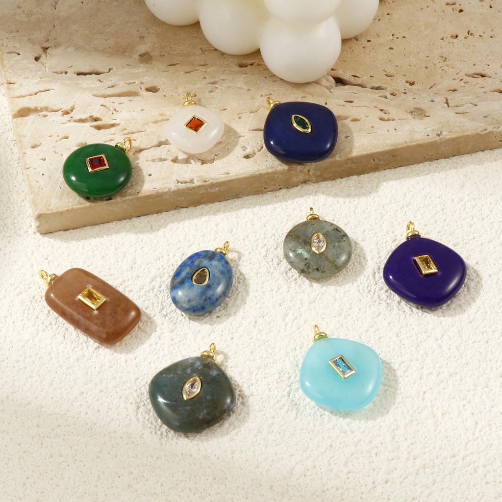 1 Piece Brass & Cubic Zirconia & Geometric Natural Stone Charms 18K Gold Plated Olive Rhombus Pendants For DIY Necklace Making