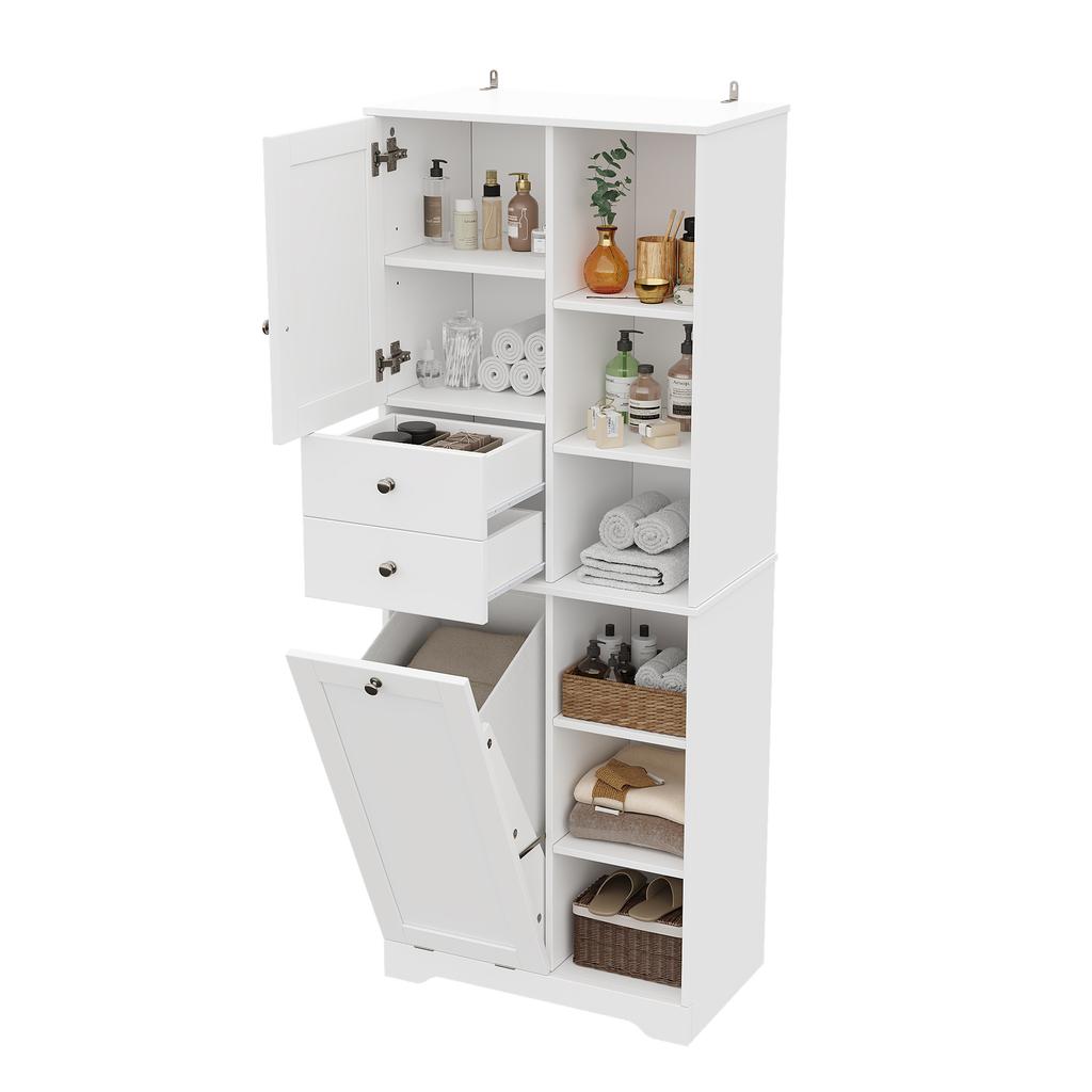60×37×171 cm, Tall Bathroom Cabinet, MDF, 2 Drawers, Laundry Basket with Flap, Adjustable Shelves, Soft-Close Hinges, Tip-Over Protection, White.
