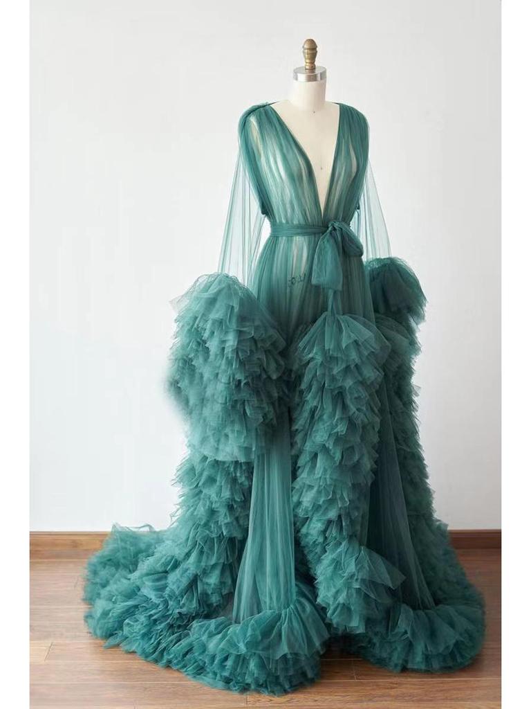 Cross-border Maternity Tulle Evening Gown with Ruffles and Shawl Cape