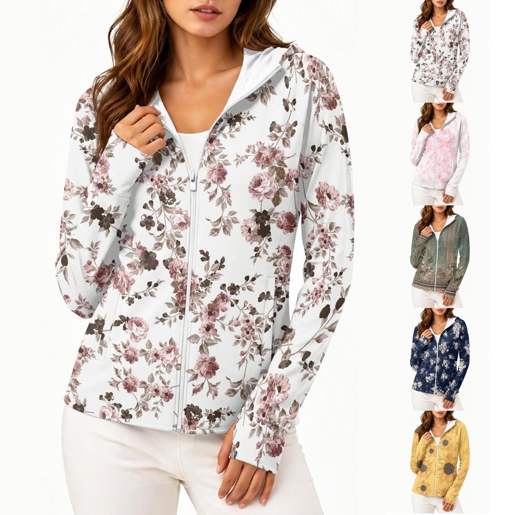 Chaqueta Ligera con Cremallera y Capucha para Mujer, Manga Larga, Estampado Floral, Protección Solar, Ropa Exterior con Bolsillos