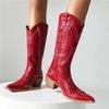 FOREADA Women Mid Calf Boots Pointed Toe Thick High Heels Rivets Embroidery Western Cowgirl Boot Ladies Fashion Shoes Winter 43