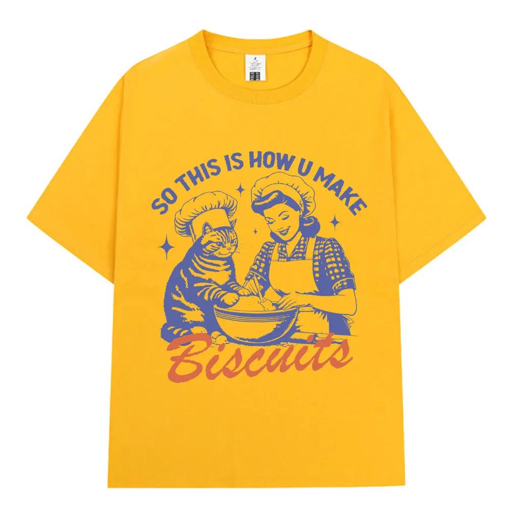 2025 Summer new Funny Cat Baking Stem Printed T-shirt 100% cotton casual loose oversized short sleeve men's T-shirt