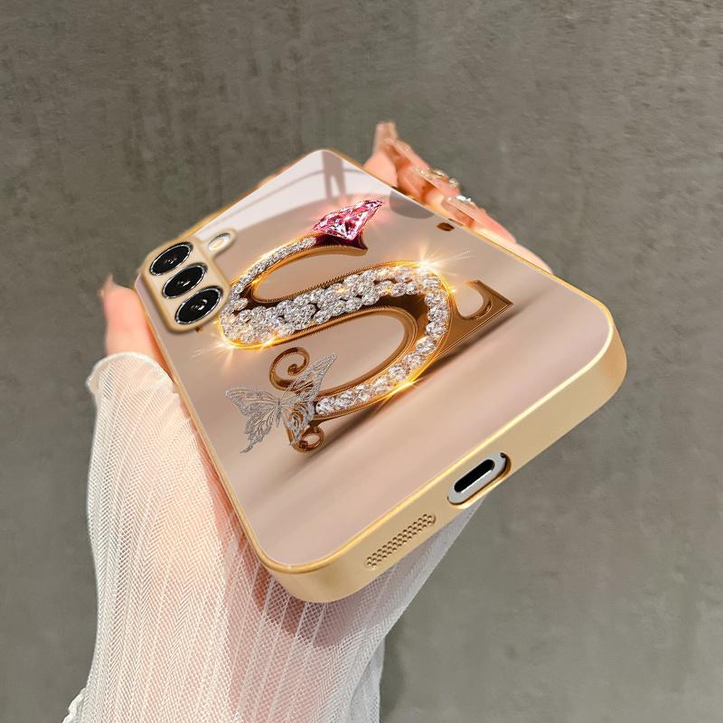 Pink diamond letter S pattern glass phone case suitable for Samsung Galaxy S26 S25 S24 S22 S21 S20 FE/Ultra/Plus anti drop