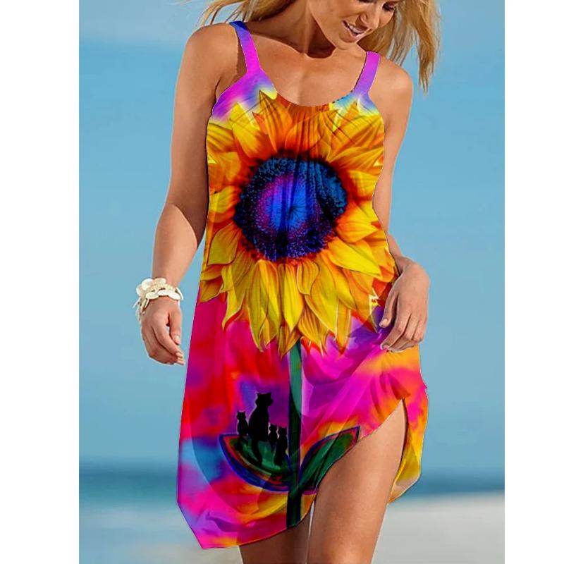 Sunflower Parrot Print Strap Mini Beach Dress Women Boho Summer Sexy Floral Dress Sleeveless Party Evening Dresses
