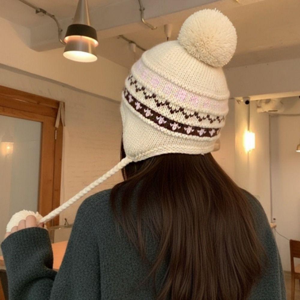 Warm Fair Isle Style Beanies Wool Ear Protection Hat Sweet Printing Knit Cap  Apparel Accessories