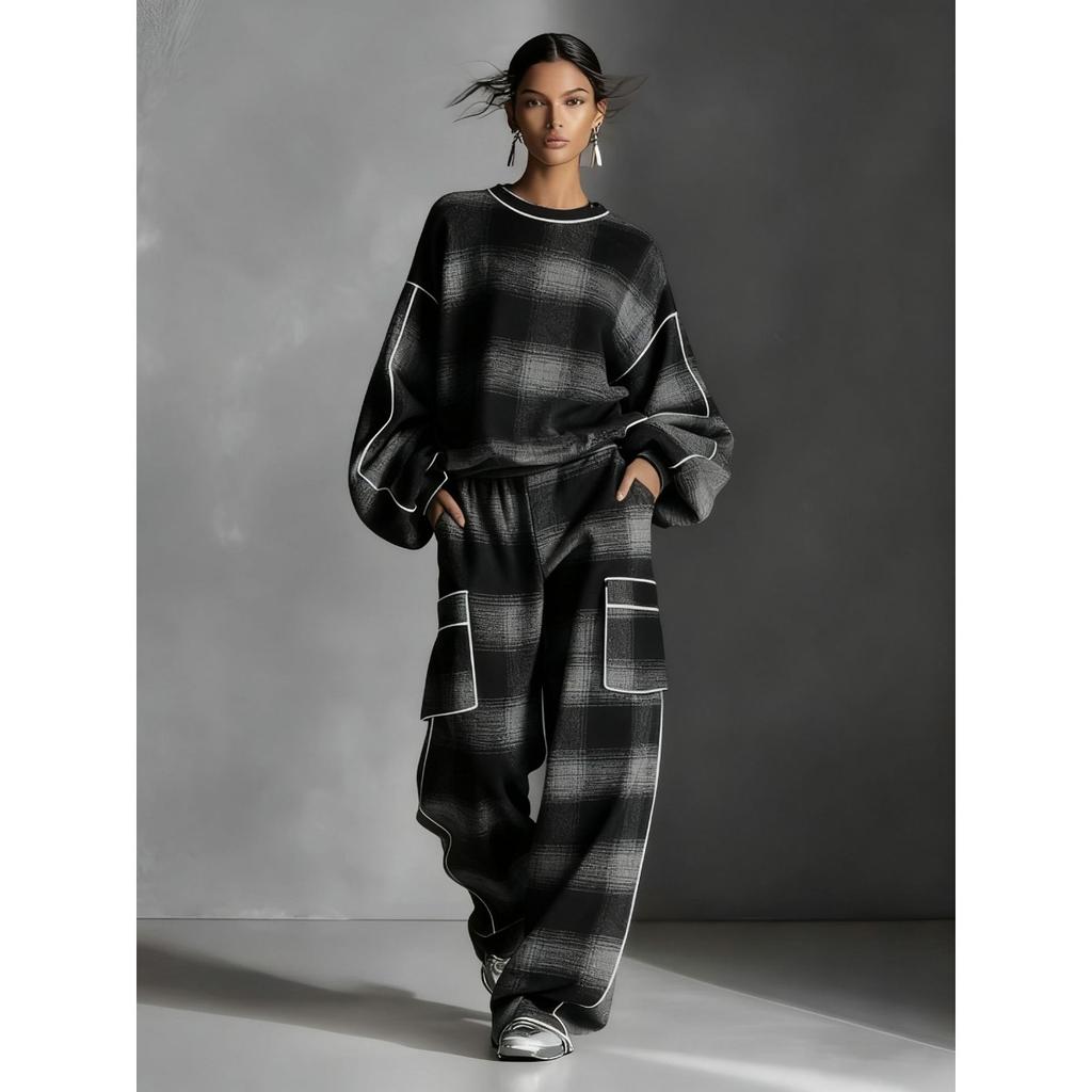 Women's Vintage Street Style Contrast Piped Two Piece Pants Set Outfits for European American Crossborder