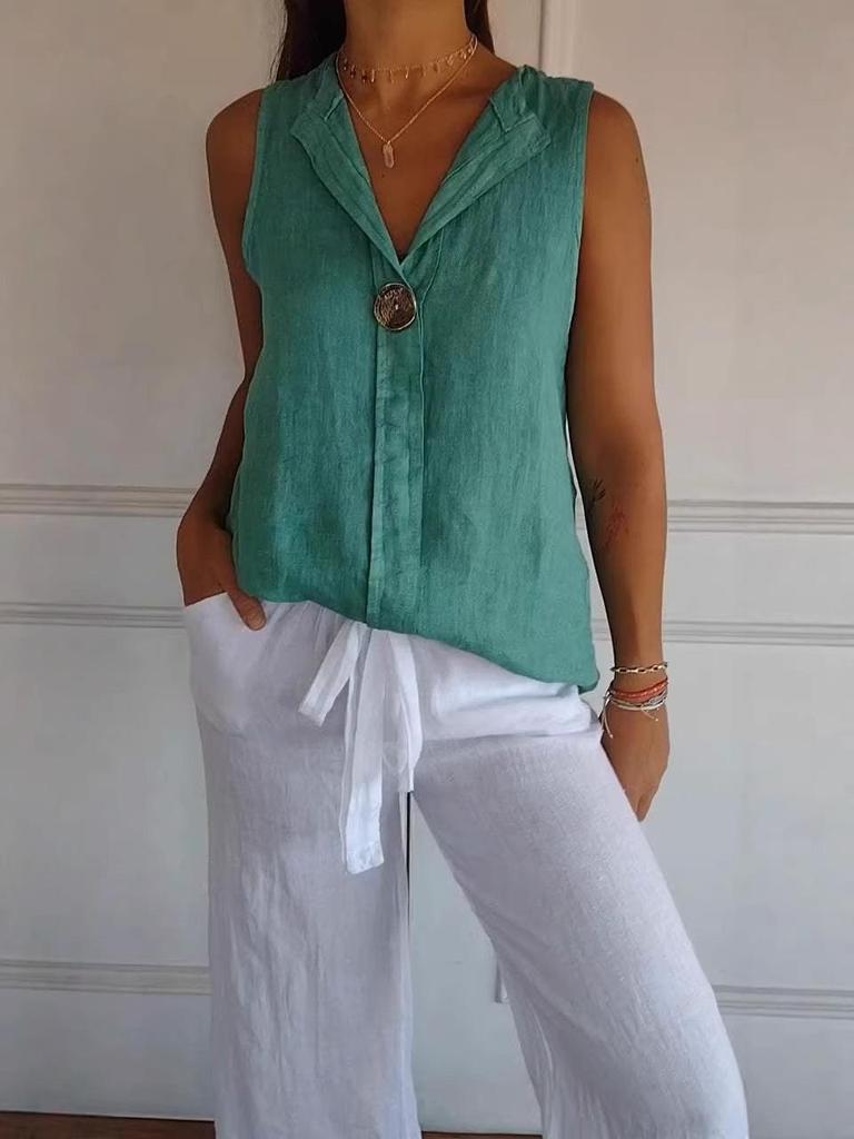 2026 New Women's Cotton Linen Sleeveless Casual Top with Faux Cardigan Collar