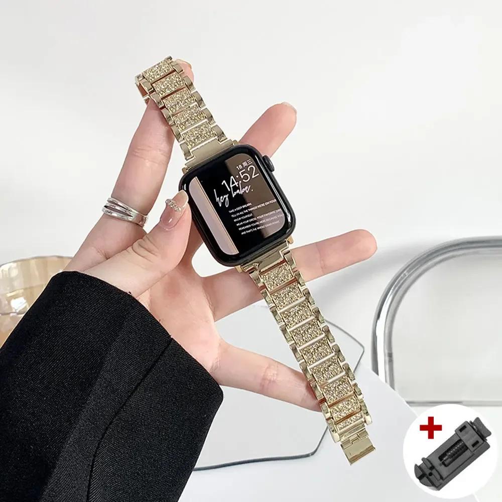

Алмазный чехол+Ремешок Для Apple Watch 11 10 9 8 7 42мм 46мм 45 41мм Ultra 3 49мм Ремешок из нержавеющей стали для iwatch SE 6 40мм 44мм 38 38mm золотой