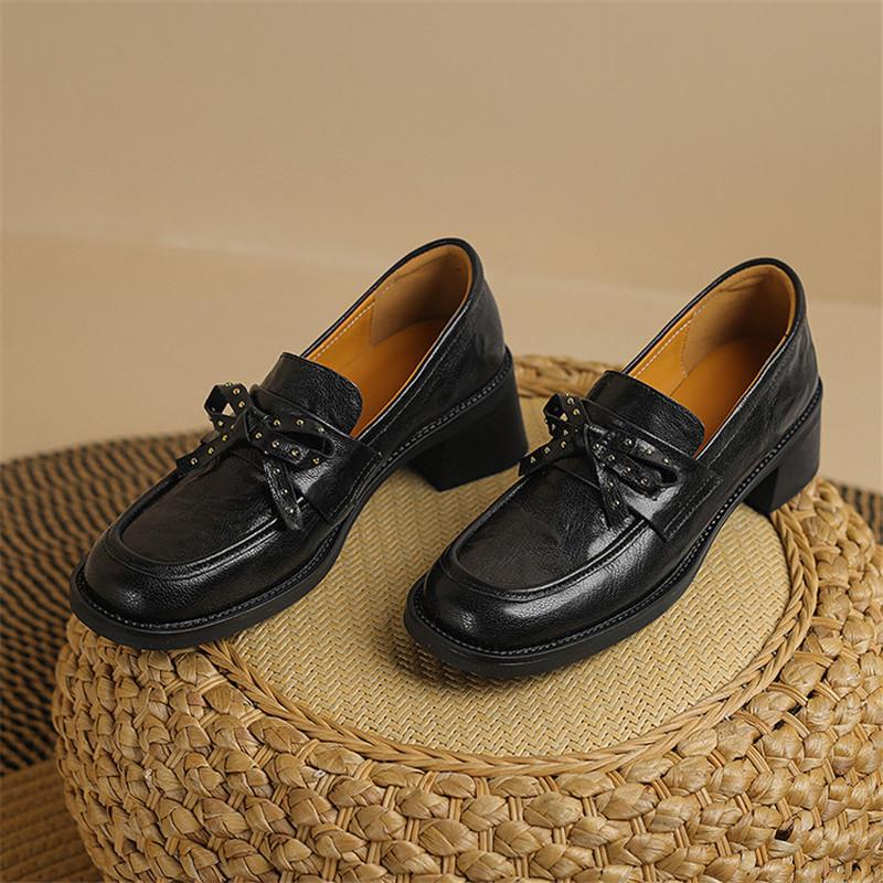 Fashion New Spring Sheep Leather Woman Shoes Square Toe Women Pumps Shoes for Women Chunky Heel Loafers Fashion Rivet Bow Casual Shoes