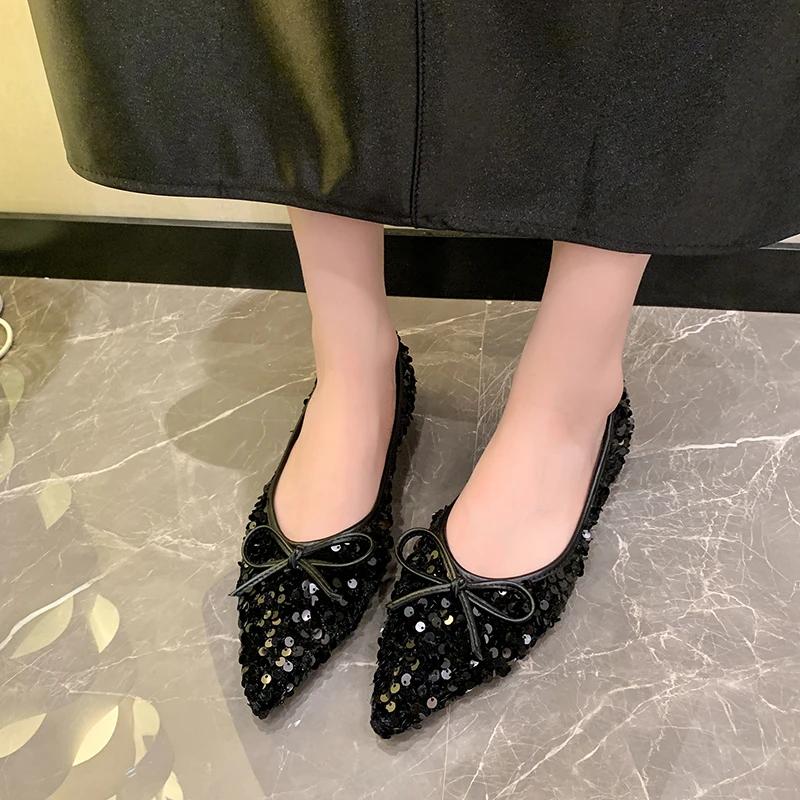 Women's Sexy Pointed Shoes 2025 Summer New Black Sequin Fashion Temperament Dress Bow Flat Shoes Comfortable Women's Shoes