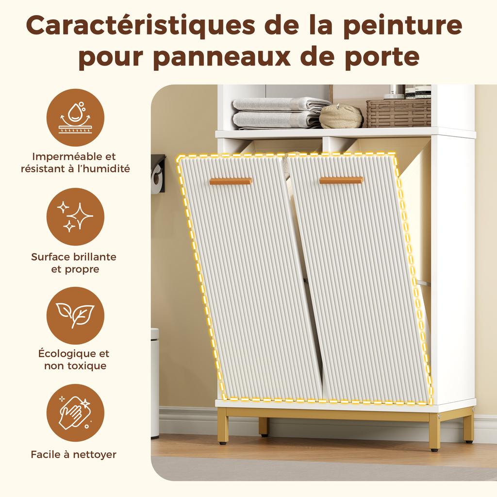 65×32×170 cm, Bathroom Cabinet made of MDF, 3 Open Shelves, Adjustable Shelves, 2 Tilt-Out Laundry Bins, Fluted Lacquered Doors, Gold Handles, White.