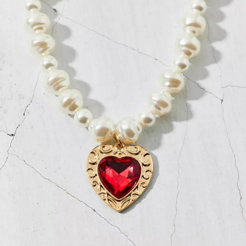 Barokowy łańcuszek z pereł, retro, lekki luksus, wysokiej klasy wisiorek, naszyjnik miłosny z imitacją rubinu