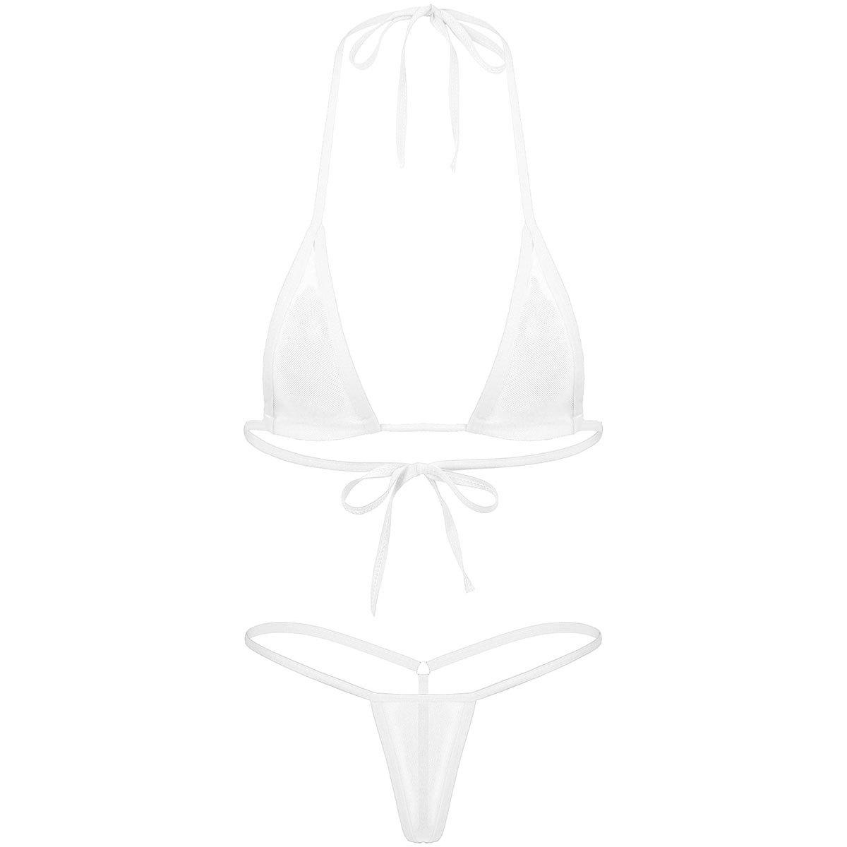 

Womens Two Piece Triangle Bikini Set with Halter Lace Up Bra and T Back Thong Swimwear OneSize белый