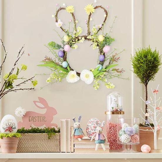 Osterhase Kranz Kleine Hasenform Rattan Kranz mit Pastell-Eiern Blumen für Haustür Innen Außen Frühling Haus Fenster Wand Dekoration