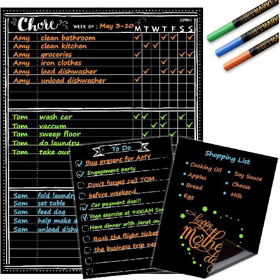 Magnetic Chalkboard Monthly Calendar with neon Bright Liquid Chalk Markers – Black Refrigerator Monthly Planning Board w/Bonus - Grocery List and