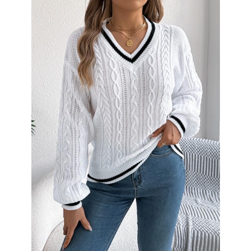 Autumn and Winter V-neck Twist Lantern Long Sleeved Pullover Sweater Women Loose Stripe Tops Ladies Fashion Elegant Casual Office Women's Clothing