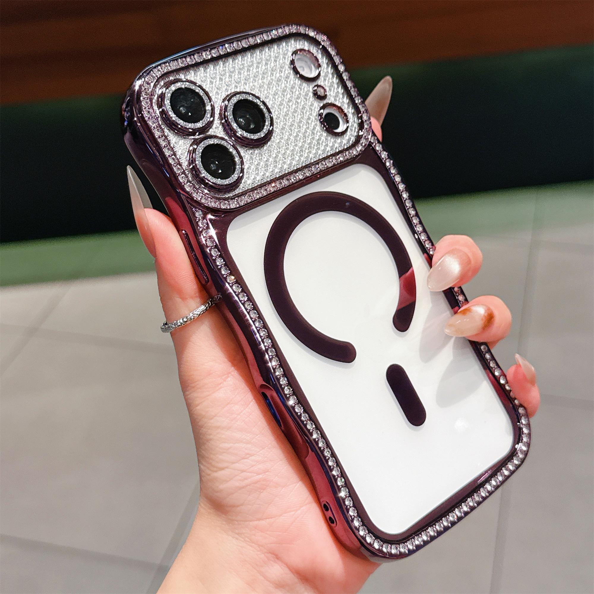 

For iPhone 17 Pro Magnetic Case Electroplated Wave Frame Rhinestone Decor TPU Phone Cover with Glitter Lens Film