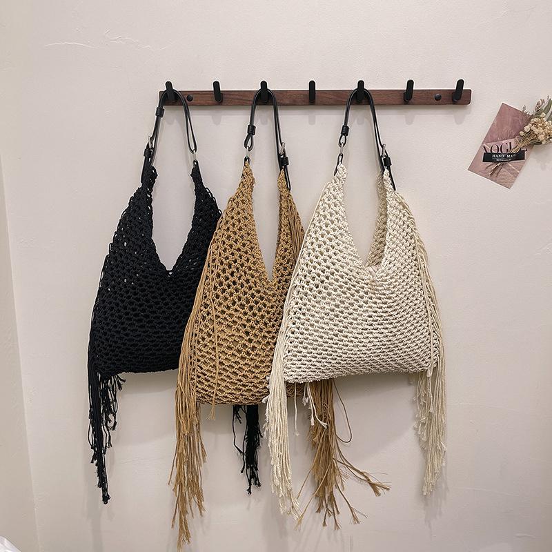 Yogodlns Fashion Long Tassel Shoulder Bag Thread Woven Women's Bag New Hollowed Out Handbag Summer Beach Vacation Bag
