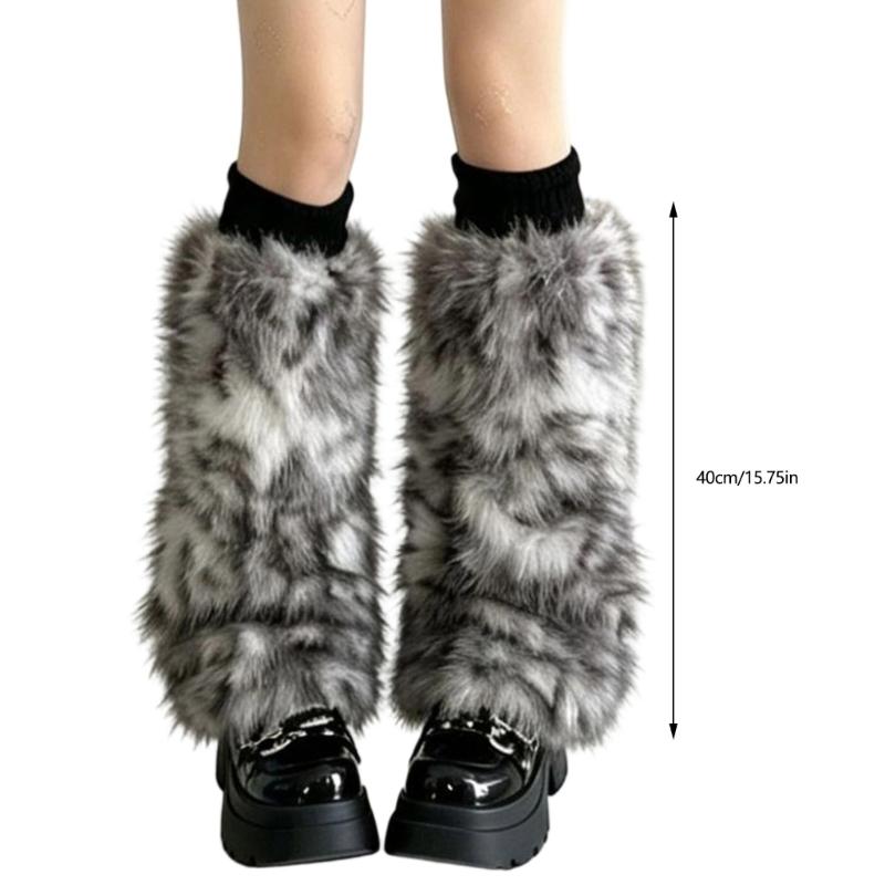 Plyšové návleky na nohy s leopardím vzorem z umělé kožešiny, navlékací konstrukce, elastické žebrované manžety a texturovaný volný vrstvený design pro ženy
