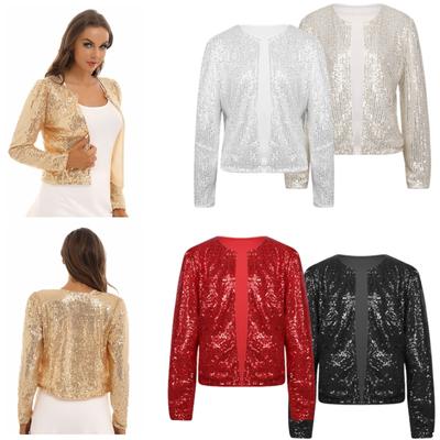 Giacca da donna in cardigan con maniche lunghe con paillettes lucide, giacca bolero