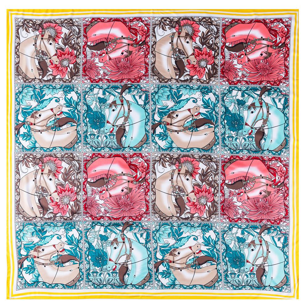 POBING Silk Scarf Women Large Shawls Horse Print Stoles Square Bandana Luxury Kerchief Big Hijab Scarf Female Foulards 130CM