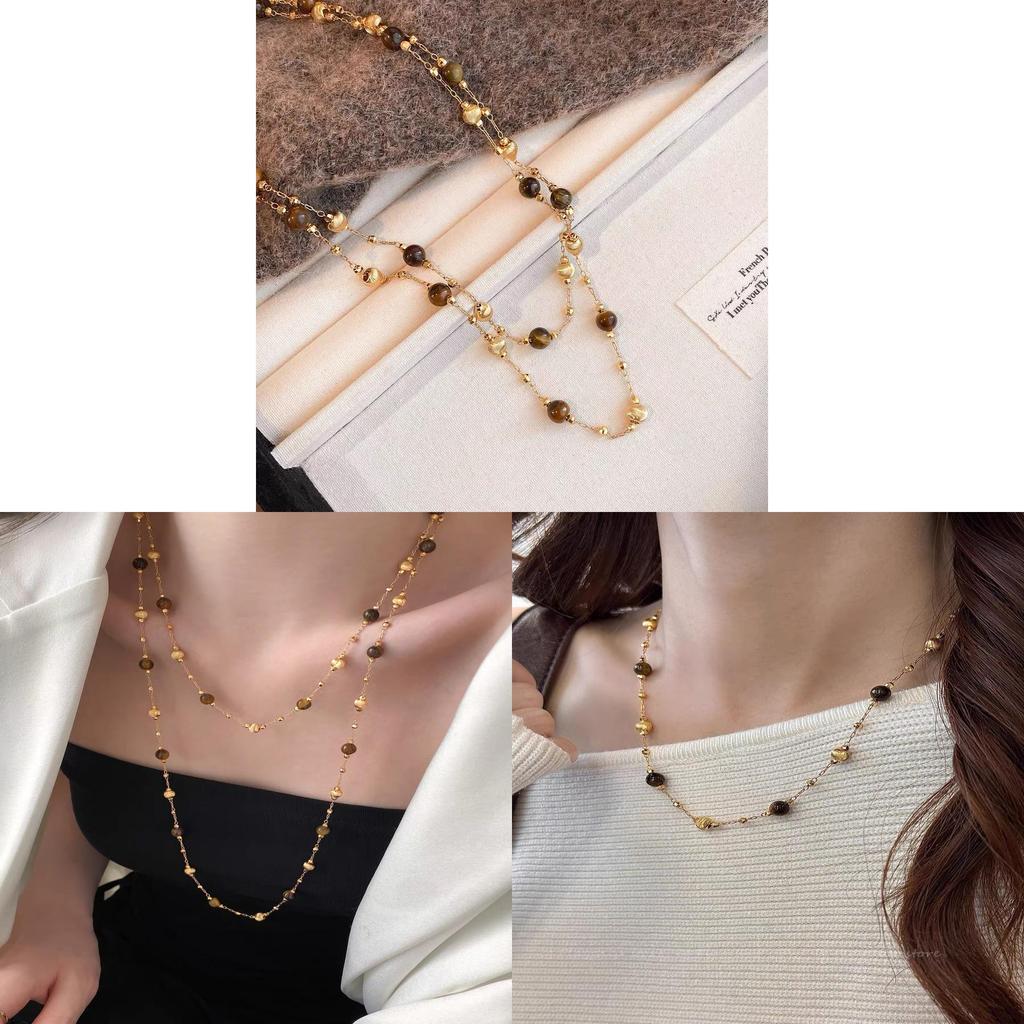 Tigers Eye Pendant Necklace For Women With Double Layer Design And Copper Material For Autumn Winter Fashion