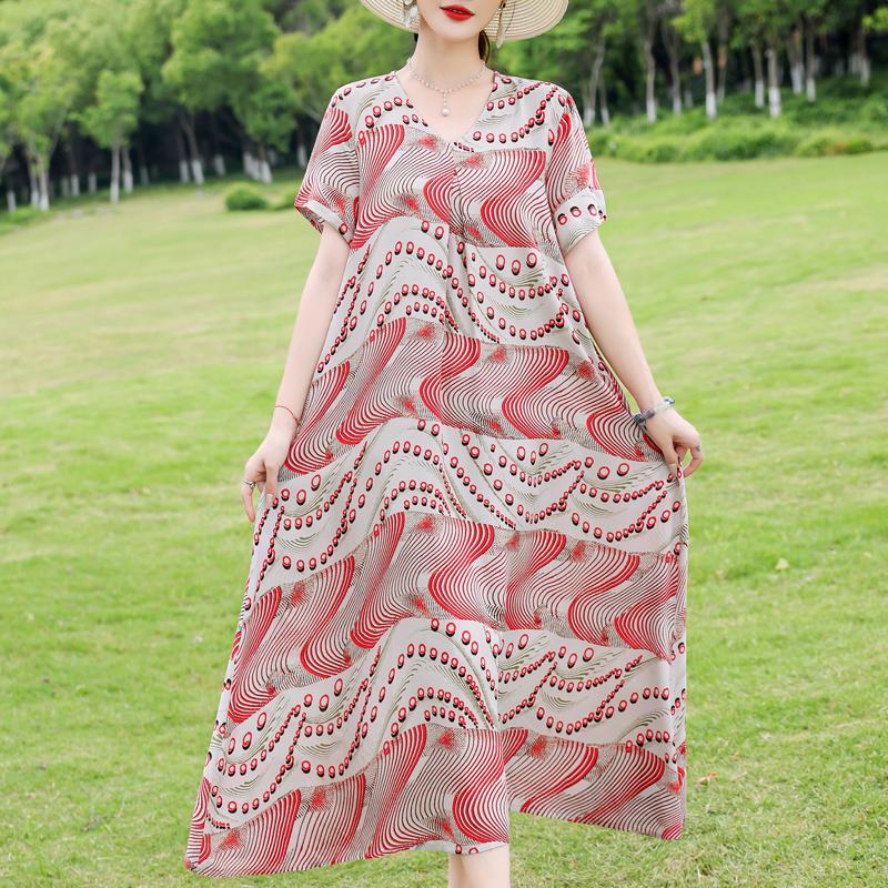 Elegant Women's Dresses Summer Vintage Clothes Plus Size Short Sleeve Casual Loose Long Dress