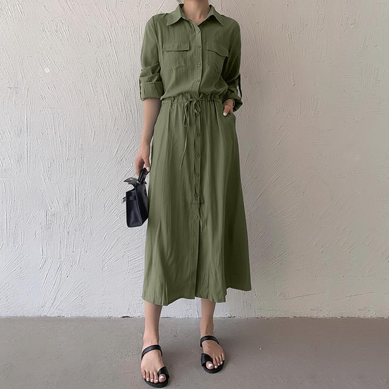 ZANZEA Damska codzienna luźna sukienka z kołnierzykiem wykładanym i rękawem 3/4