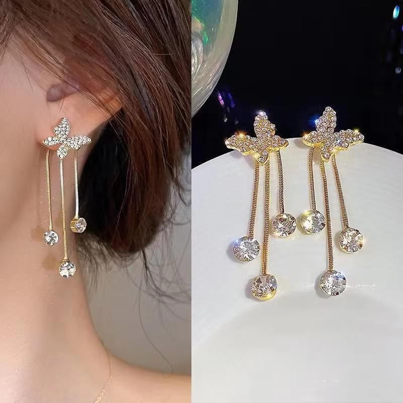 925 Silver Needle Green Red Butterfly Long Tassel Earrings For Women Jewelry Trending Korean Fashion Crystal Drop Earrings