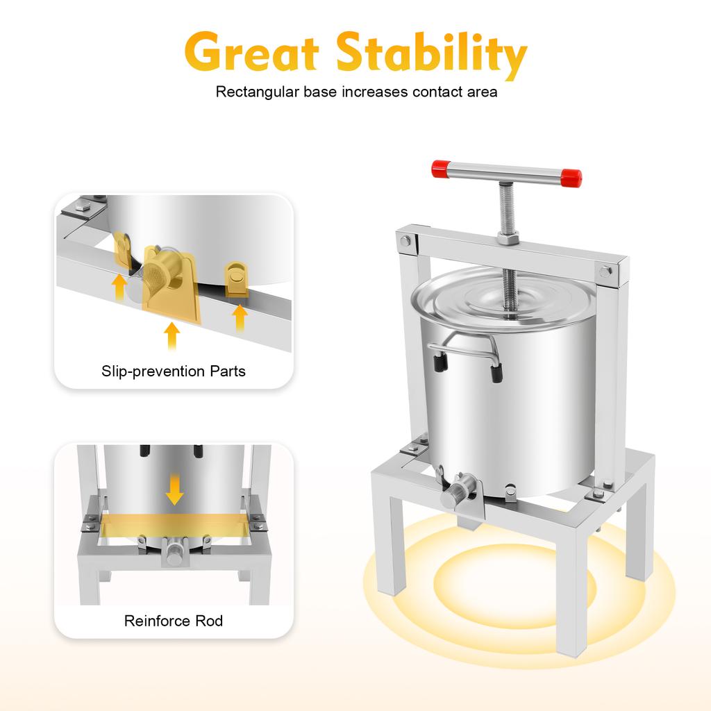 Stainless Steel Fruit Wine Press 10L, Manual Cider Juicer Crusher for Apple Grape Berry, Home Kitchen Juice Maker