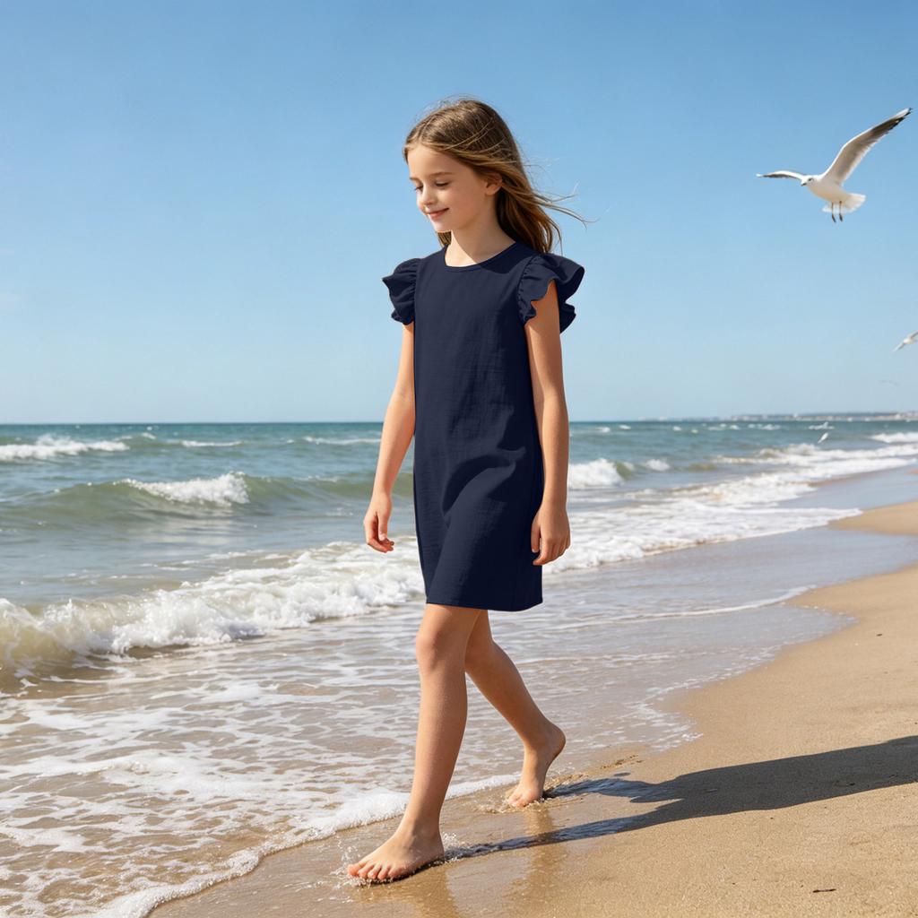 Girls Ruffle Sleeve Casual Dress Crew Neck Soft Fabric Comfortable Fit Simple Design for Everyday Wear