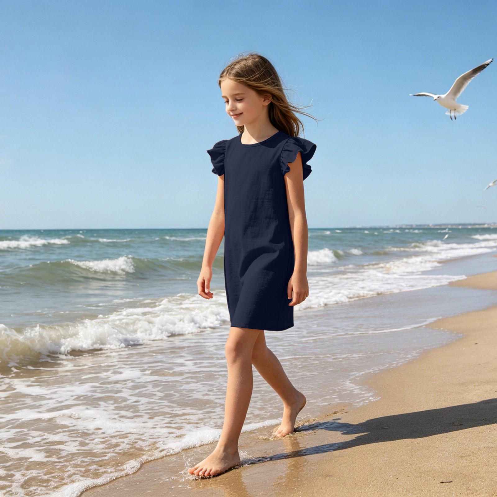 

Girls Ruffle Sleeve Casual Dress Crew Neck Soft Fabric Comfortable Fit Simple Design for Everyday Wear 160